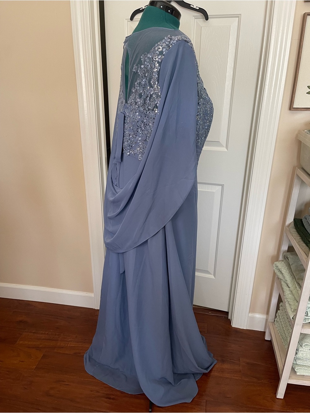 Plus-Size Dusty Blue Embroidered Maxi Dress with Cape Sleeves - Picture 6 of 13